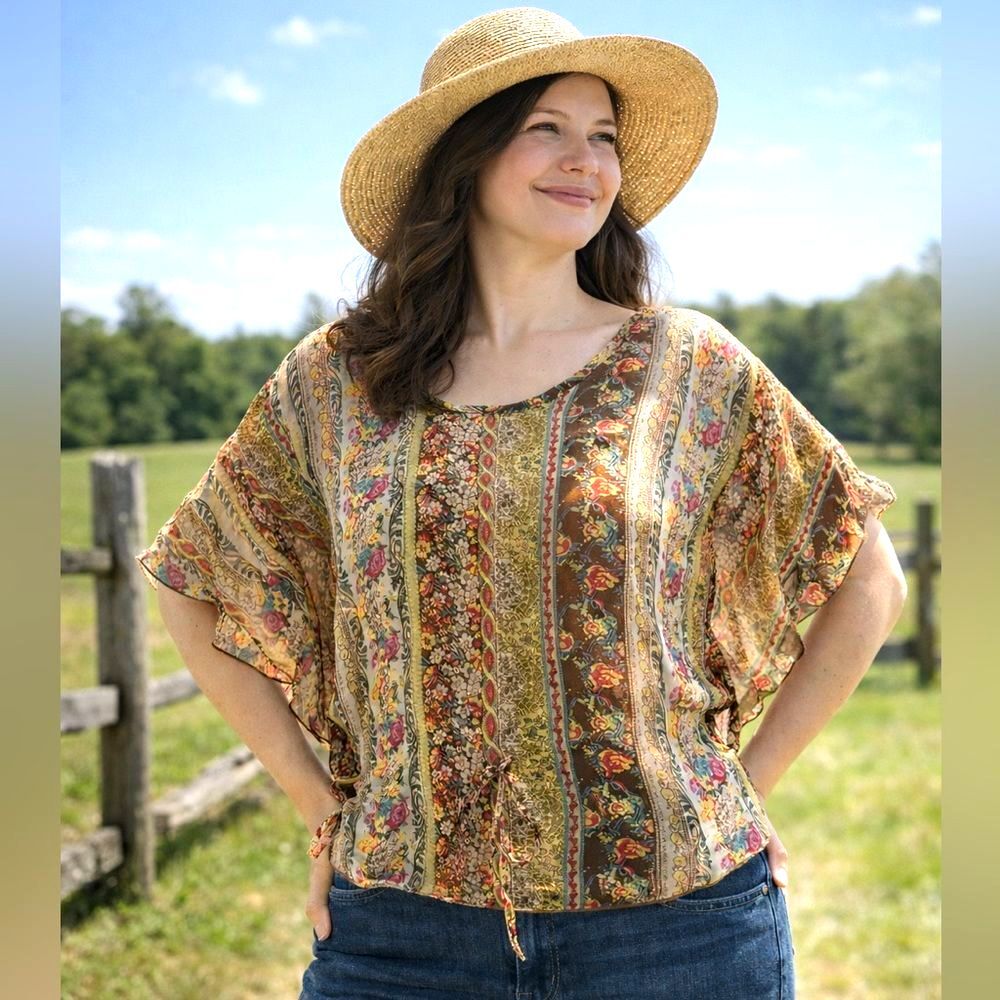 Paisley Chiffon Sheer Flutter Blouse M Ditsy Floral Y2K Boho Festival Cottage